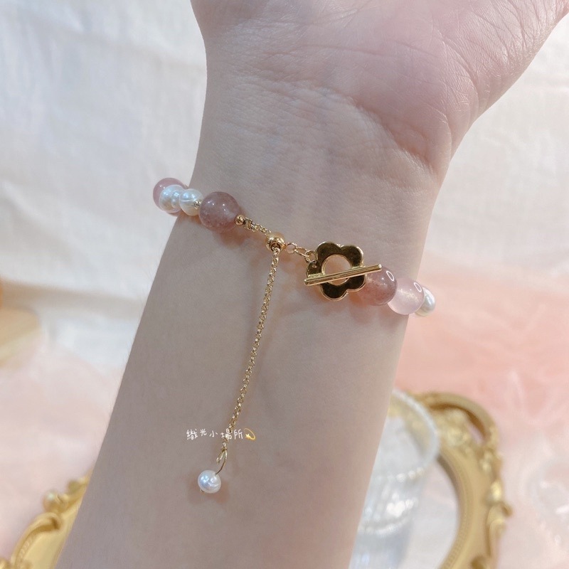 草莓晶💕粉晶水晶手鍊 搭配白水晶、淡水珍珠、簍空金球、小花🌼-細節圖4