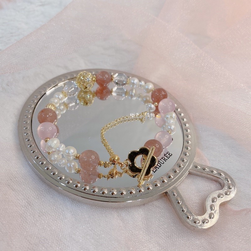 草莓晶💕粉晶水晶手鍊 搭配白水晶、淡水珍珠、簍空金球、小花🌼-細節圖5