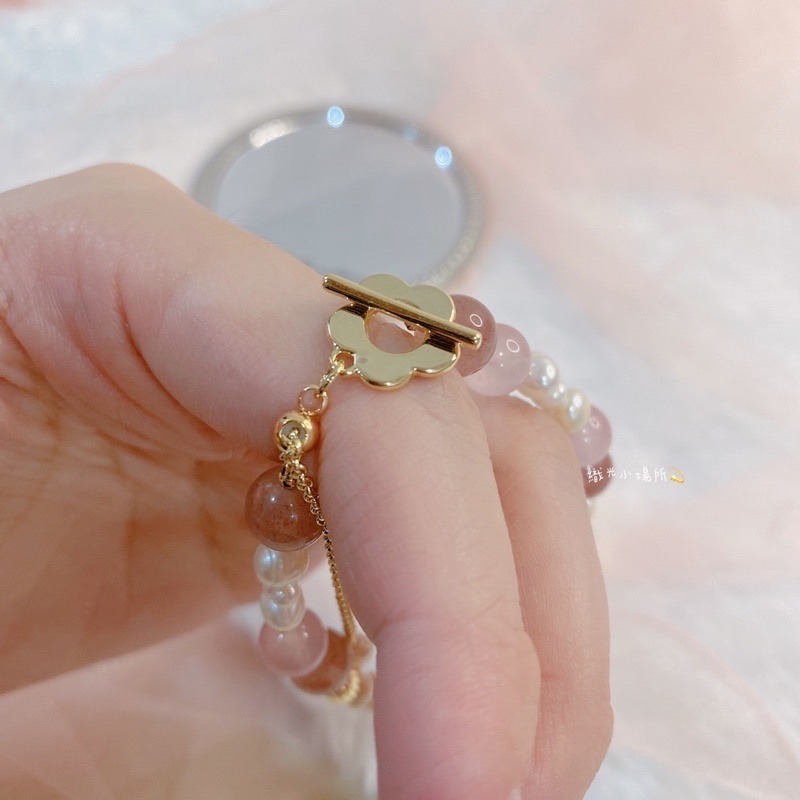 草莓晶💕粉晶水晶手鍊 搭配白水晶、淡水珍珠、簍空金球、小花🌼-細節圖6
