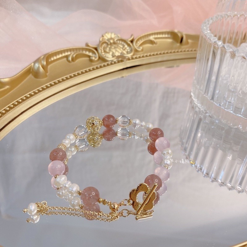 草莓晶💕粉晶水晶手鍊 搭配白水晶、淡水珍珠、簍空金球、小花🌼-細節圖7