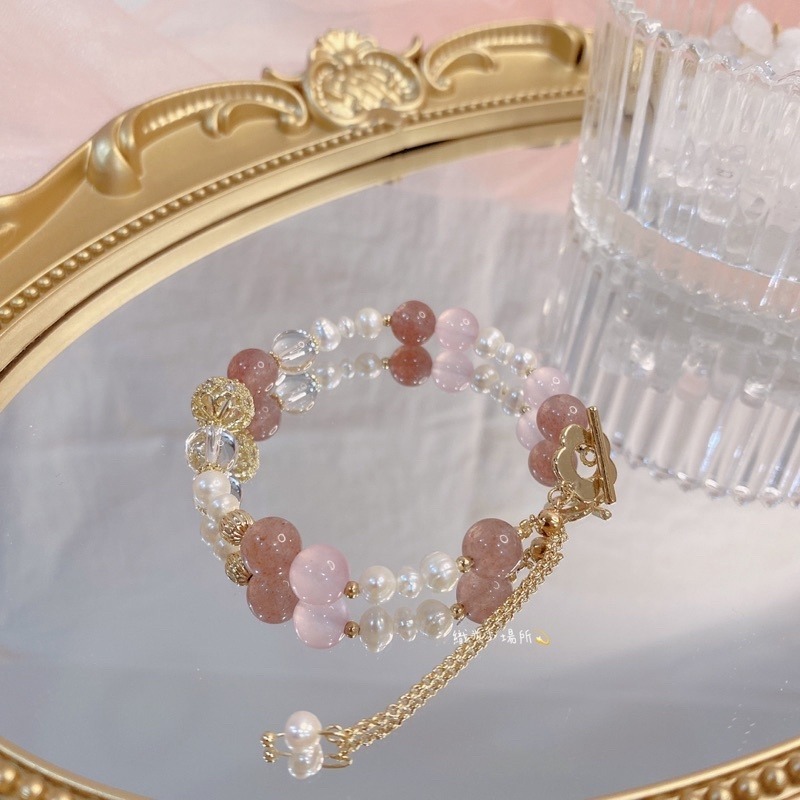 草莓晶💕粉晶水晶手鍊 搭配白水晶、淡水珍珠、簍空金球、小花🌼-細節圖8