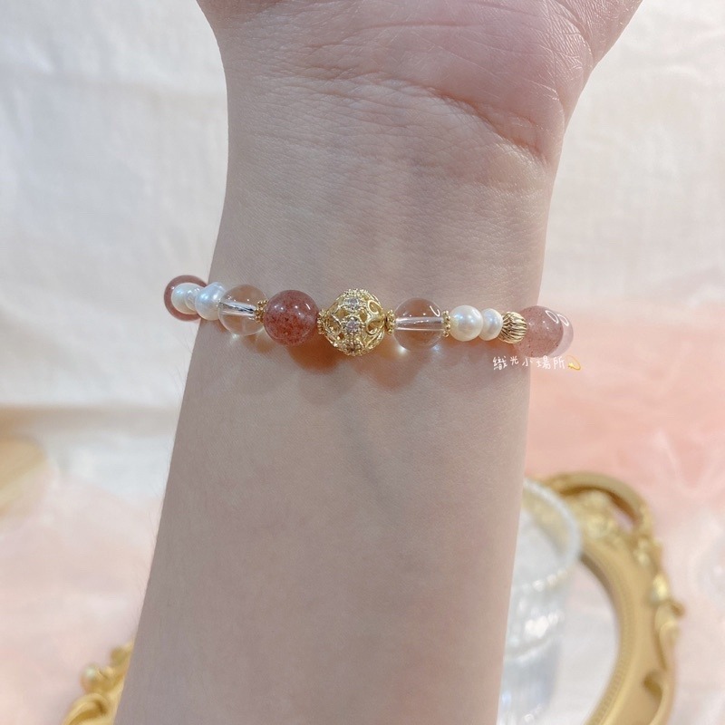 草莓晶💕粉晶水晶手鍊 搭配白水晶、淡水珍珠、簍空金球、小花🌼-細節圖9