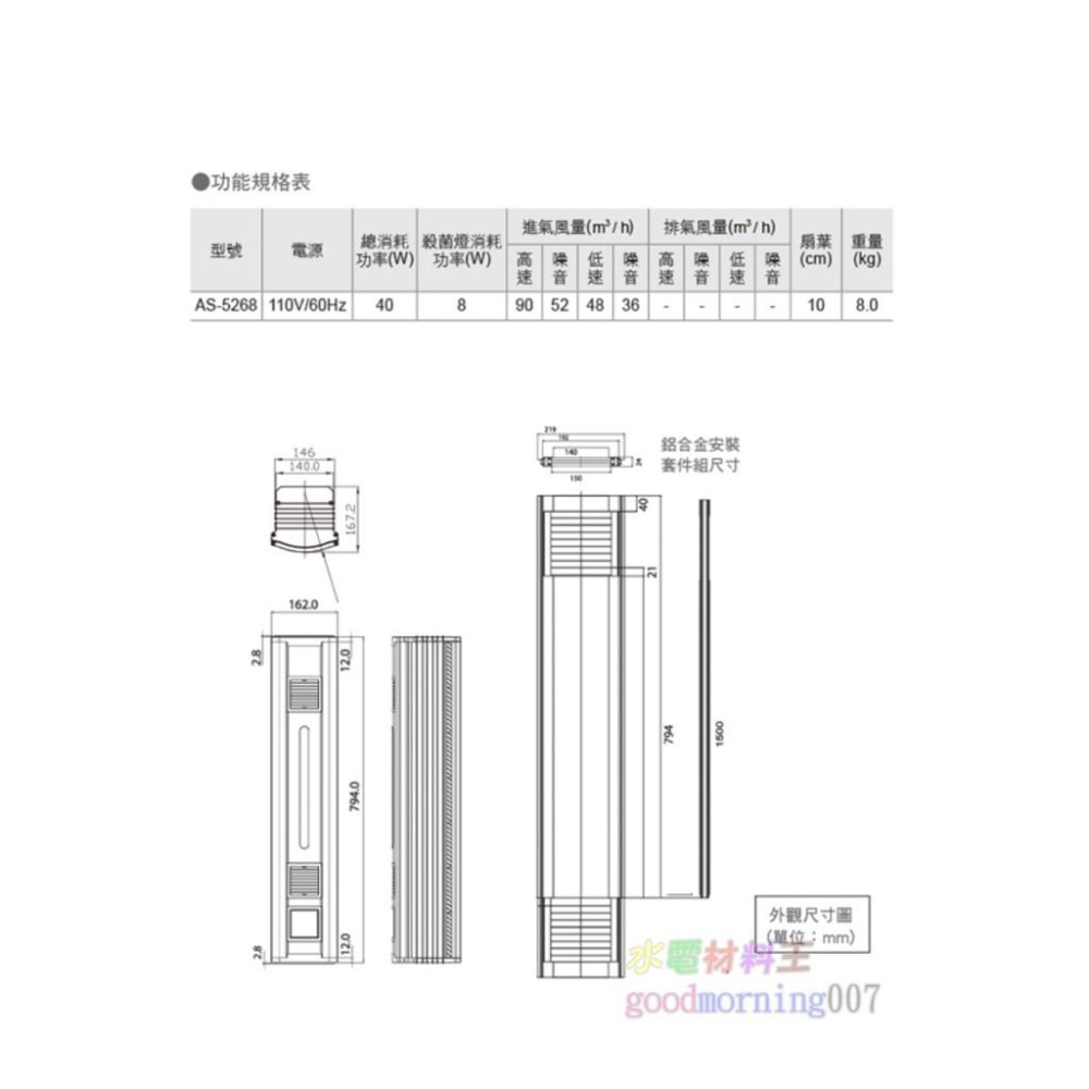 ☆水電材料王☆ ALASKA 阿拉斯加 AS-5268 窗型進氣機 換氣機 循環換氣型-細節圖2