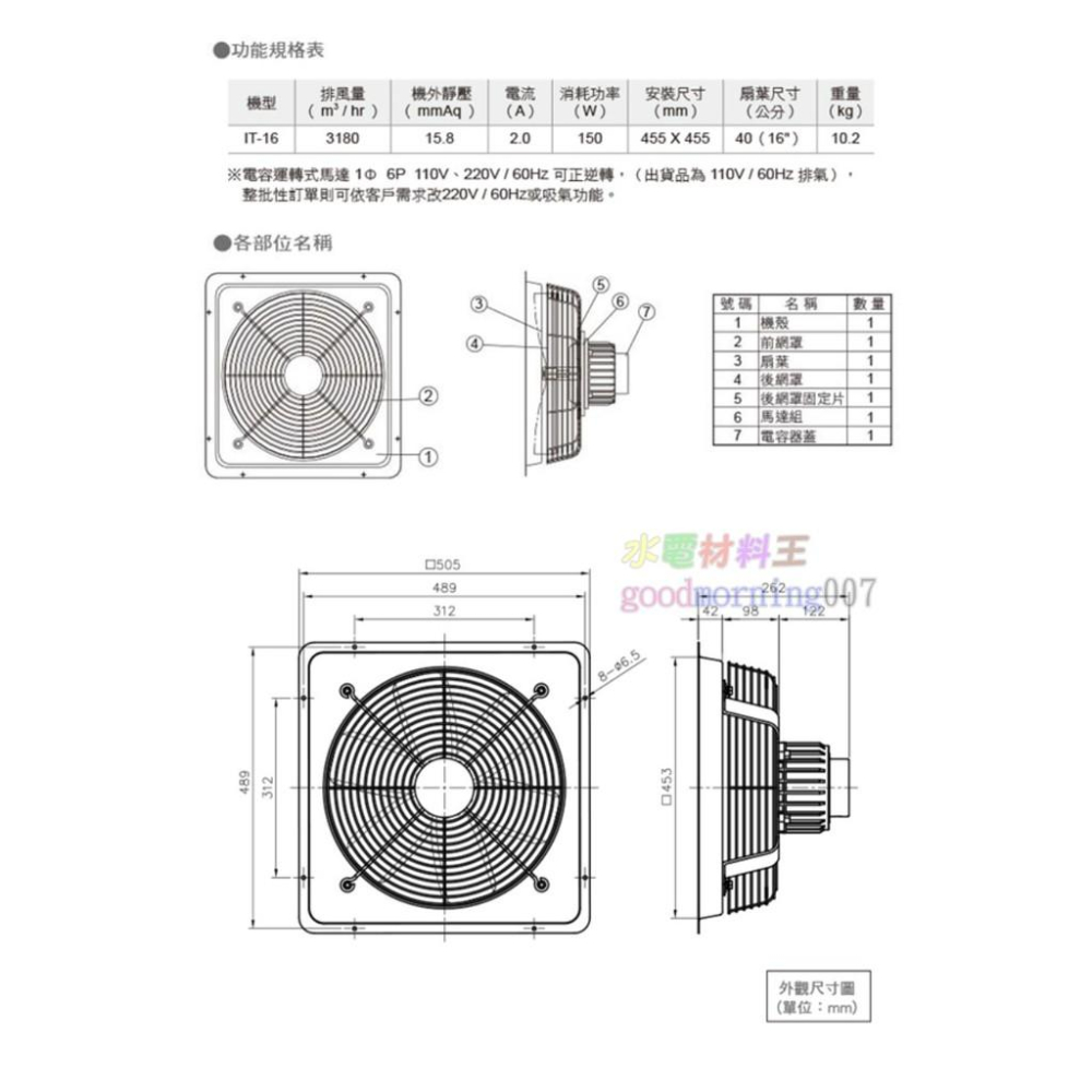 ☆水電材料王☆ ALASKA 阿拉斯加 IT-16 工業排風機 通風扇 工業用壁式風扇-細節圖2