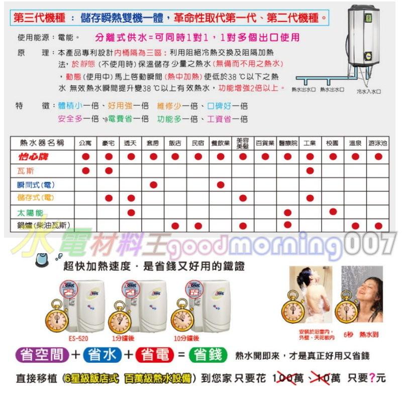 ☆水電材料王☆怡心牌 怡心 ES309 ES-309 請詢問底價 省電 儲存 瞬熱 熱水器 電熱水器 另有ES210-細節圖3