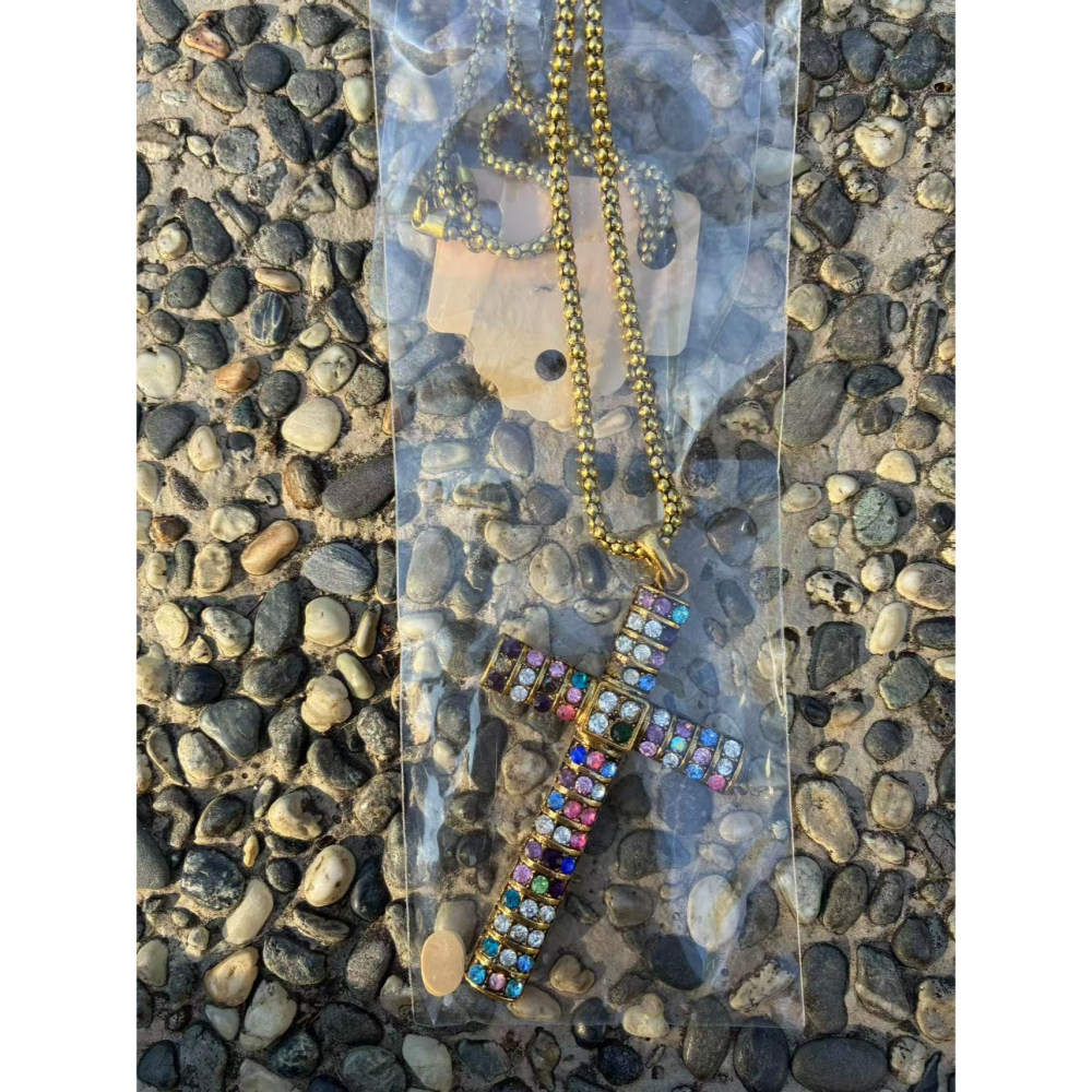 金色彩鑽十字架項鍊水鑽-細節圖2