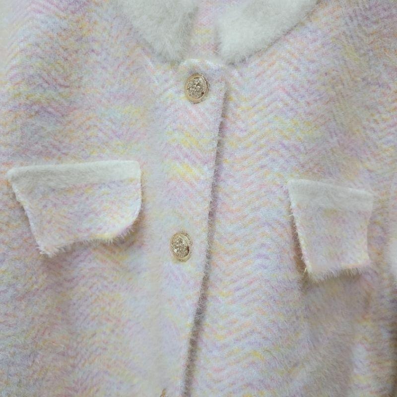 七成新olive des olive 白色開襟菱格紋區針織毛呢外套L號與無牌95新貂毛感粉嫩彩色玫瑰金扣開襟毛外套-細節圖7