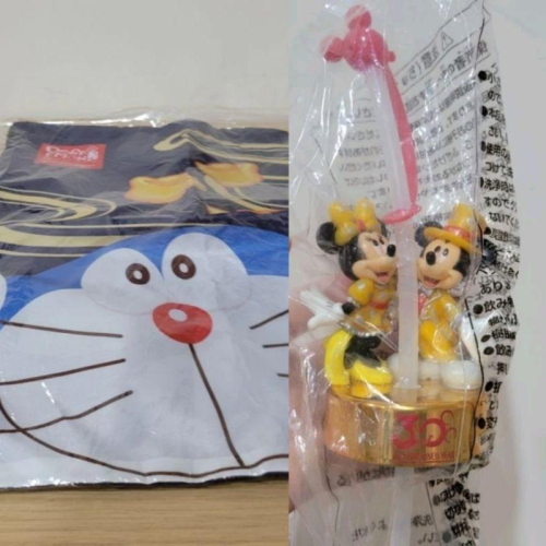 全新日本迪士尼樂園30周年米奇與米妮未拆封寶特瓶蓋與吸管 哆啦A夢帆布後背袋