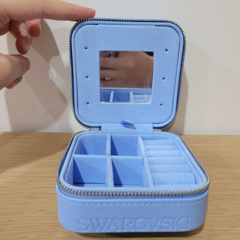 2023全新Swarovski 施華洛世奇藍色合成皮天鵝會員禮珠寶配件隨身首飾收納盒附有鏡子可放戒指項鍊手鍊配件-細節圖6
