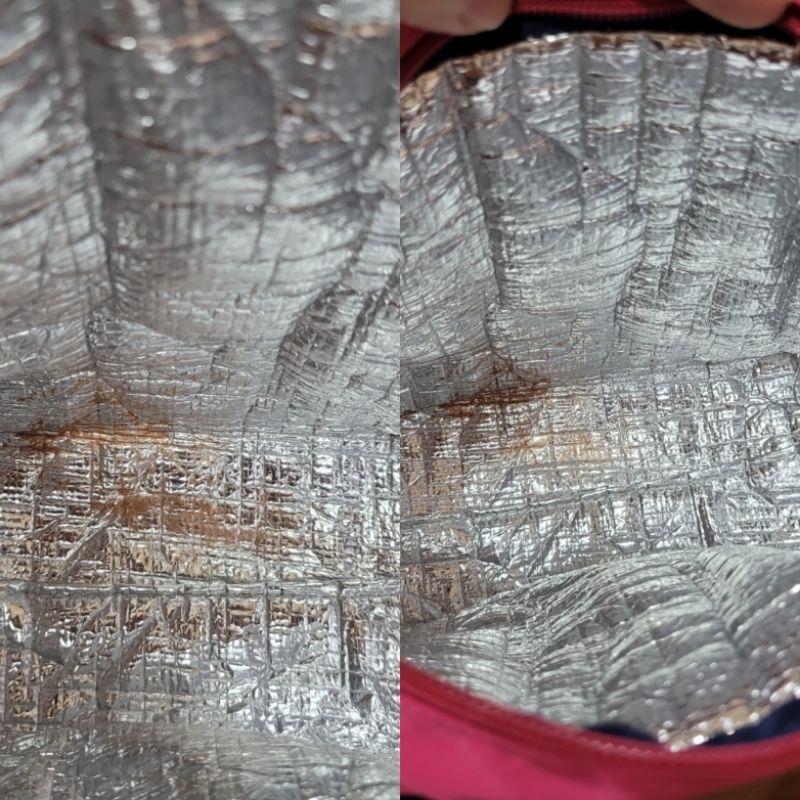 85新Munsingwear企鵝牌暗桃紅色尼龍手把帆布材質與亮桃紅色保溫袋有背帶可肩背野餐袋盒-細節圖9