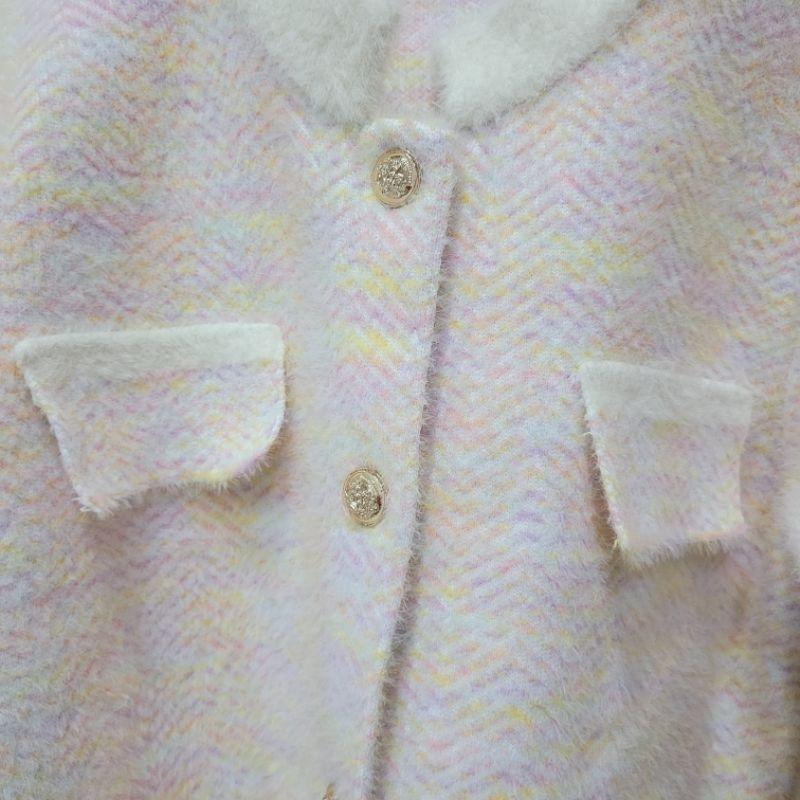 七成新olive des olive 白色開襟菱格紋區針織毛呢外套L號與無牌95新貂毛感粉嫩彩色玫瑰金扣開襟毛外套-細節圖7