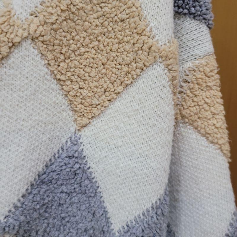 七成新olive des olive 白色開襟菱格紋區針織毛呢外套L號與無牌95新貂毛感粉嫩彩色玫瑰金扣開襟毛外套-細節圖2