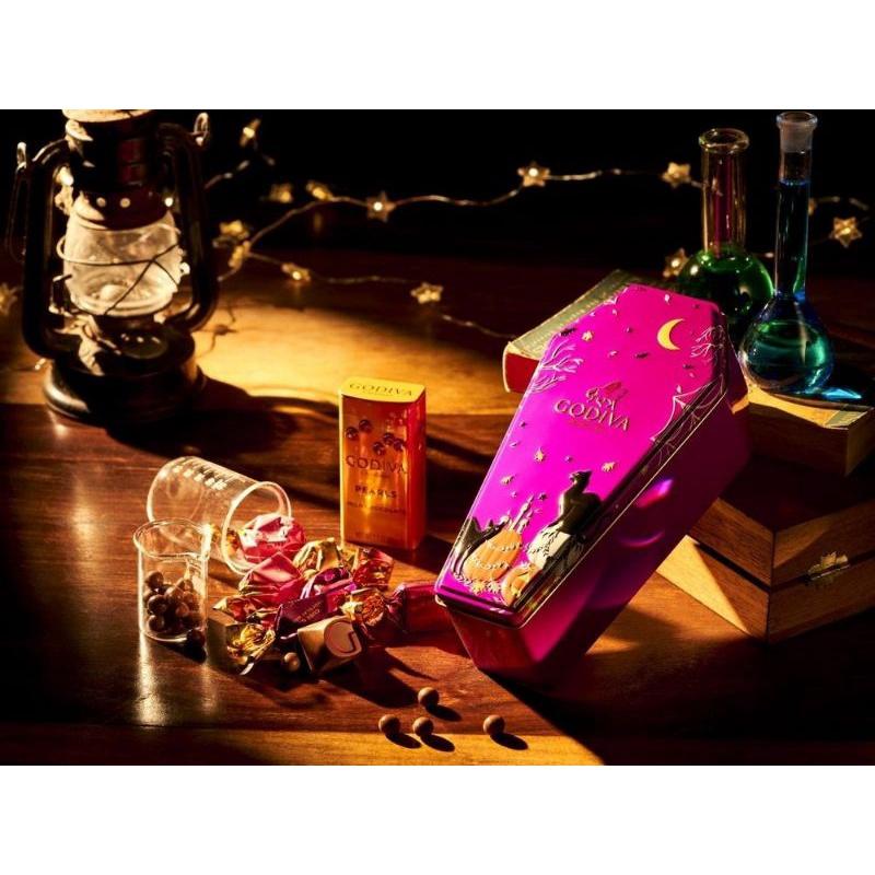 9成新Godiva 黑貓南瓜蜘蛛網紫色棺材萬聖節鐵盒-細節圖3