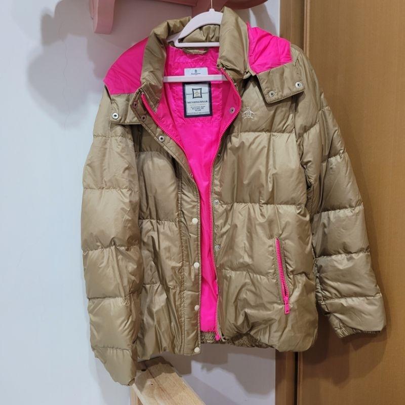 9成新尺寸3L 故意買大 Munsingwear 科技保暖up 企鵝牌咖啡色內裡桃紅亮紅螢光色羽絨保暖外套-細節圖2