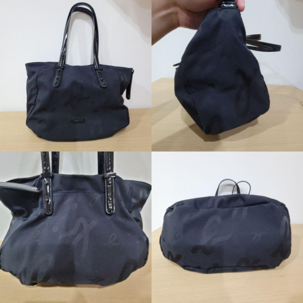 七成新agnes b黑色輕便真皮提把尼龍肩背包與95新agnes b voyage 桃紅色零錢包票卡夾真皮無鈔票平放夾-細節圖3