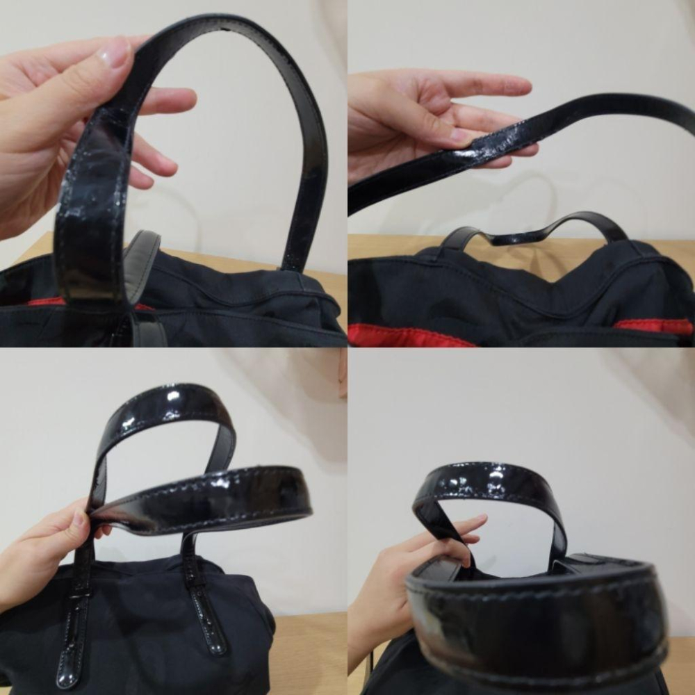 七成新agnes b黑色輕便真皮提把尼龍肩背包與95新agnes b voyage 桃紅色零錢包票卡夾真皮無鈔票平放夾-細節圖6