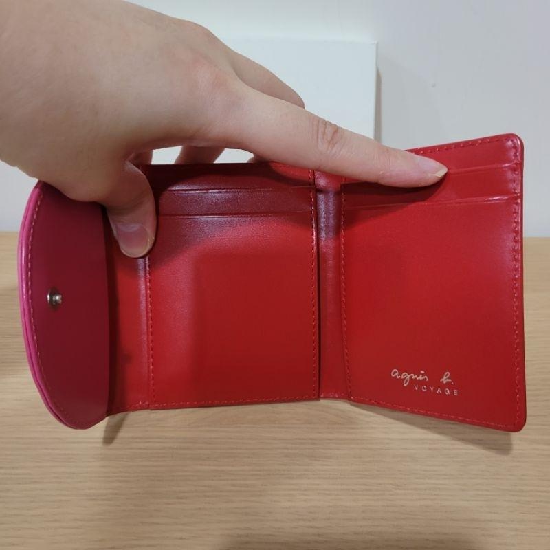 七成新agnes b黑色輕便真皮提把尼龍肩背包與95新agnes b voyage 桃紅色零錢包票卡夾真皮無鈔票平放夾-細節圖8