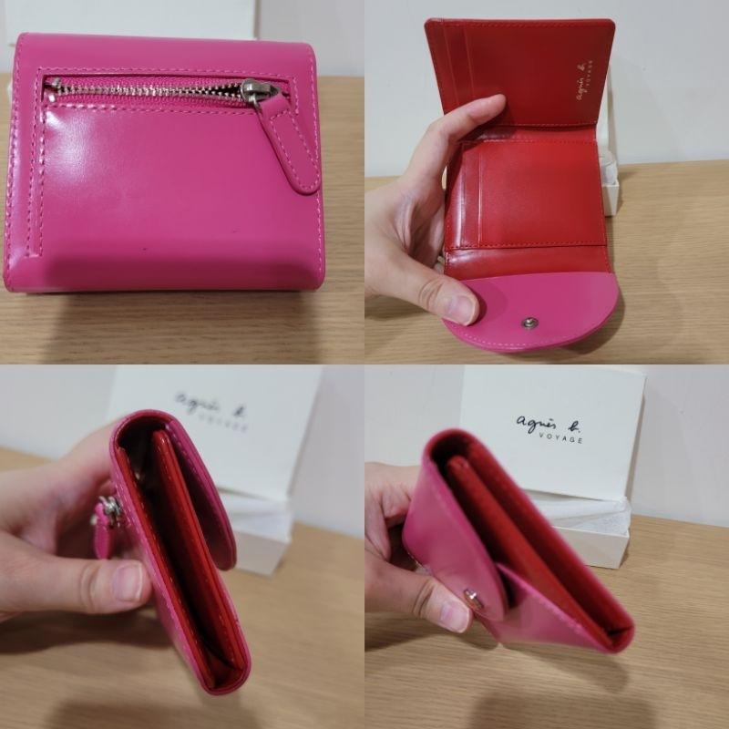 七成新agnes b黑色輕便真皮提把尼龍肩背包與95新agnes b voyage 桃紅色零錢包票卡夾真皮無鈔票平放夾-細節圖9