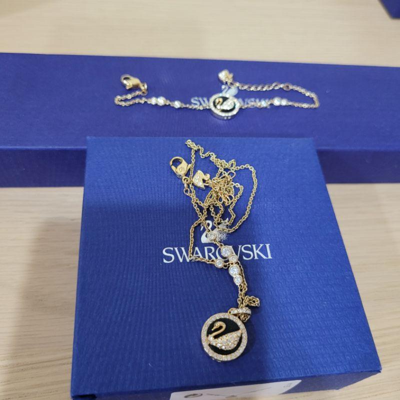 Swarovski 黑色真皮金色天鵝項鍊 手鍊 白色天鵝 粉色藍色天鵝-細節圖2