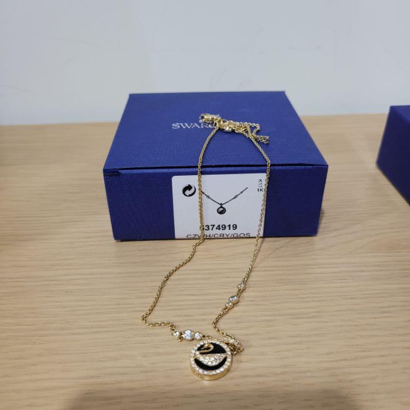 Swarovski 黑色真皮金色天鵝項鍊 手鍊 白色天鵝 粉色藍色天鵝-細節圖3