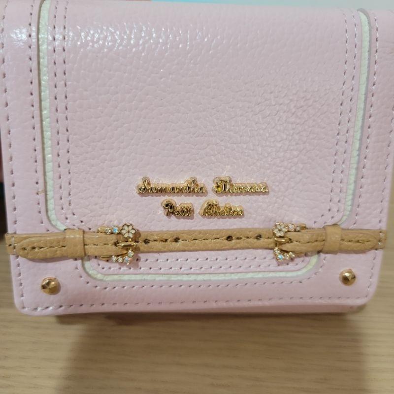 99新Samantha Thavasa petit  choice 清秀鑽石小花真皮牛皮皮夾粉色短夾與太陽橘色亮麗卡夾-細節圖3