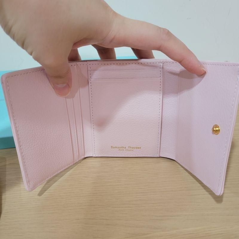 99新Samantha Thavasa petit  choice 清秀鑽石小花真皮牛皮皮夾粉色短夾與太陽橘色亮麗卡夾-細節圖4