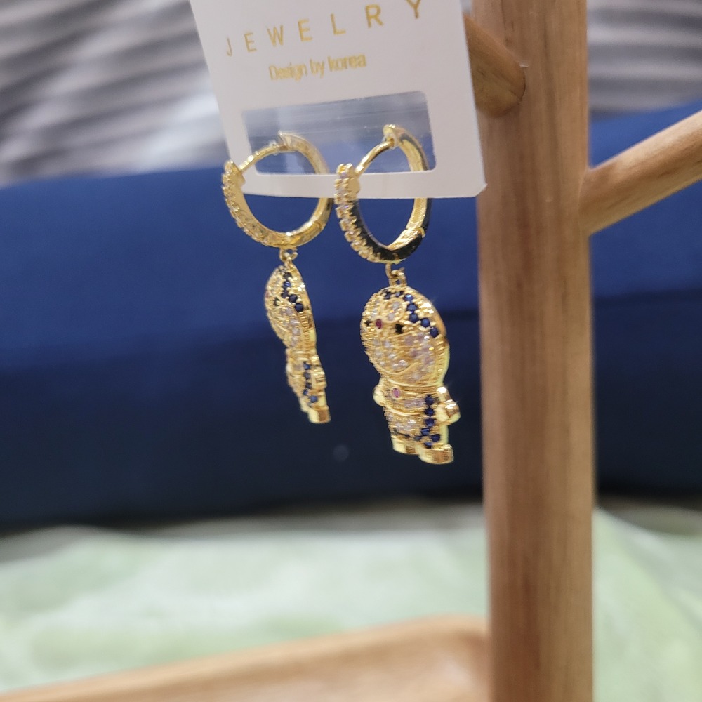 全新韓國製鑽爆小叮噹哆啦A夢金色耳扣式耳針耳環-細節圖2