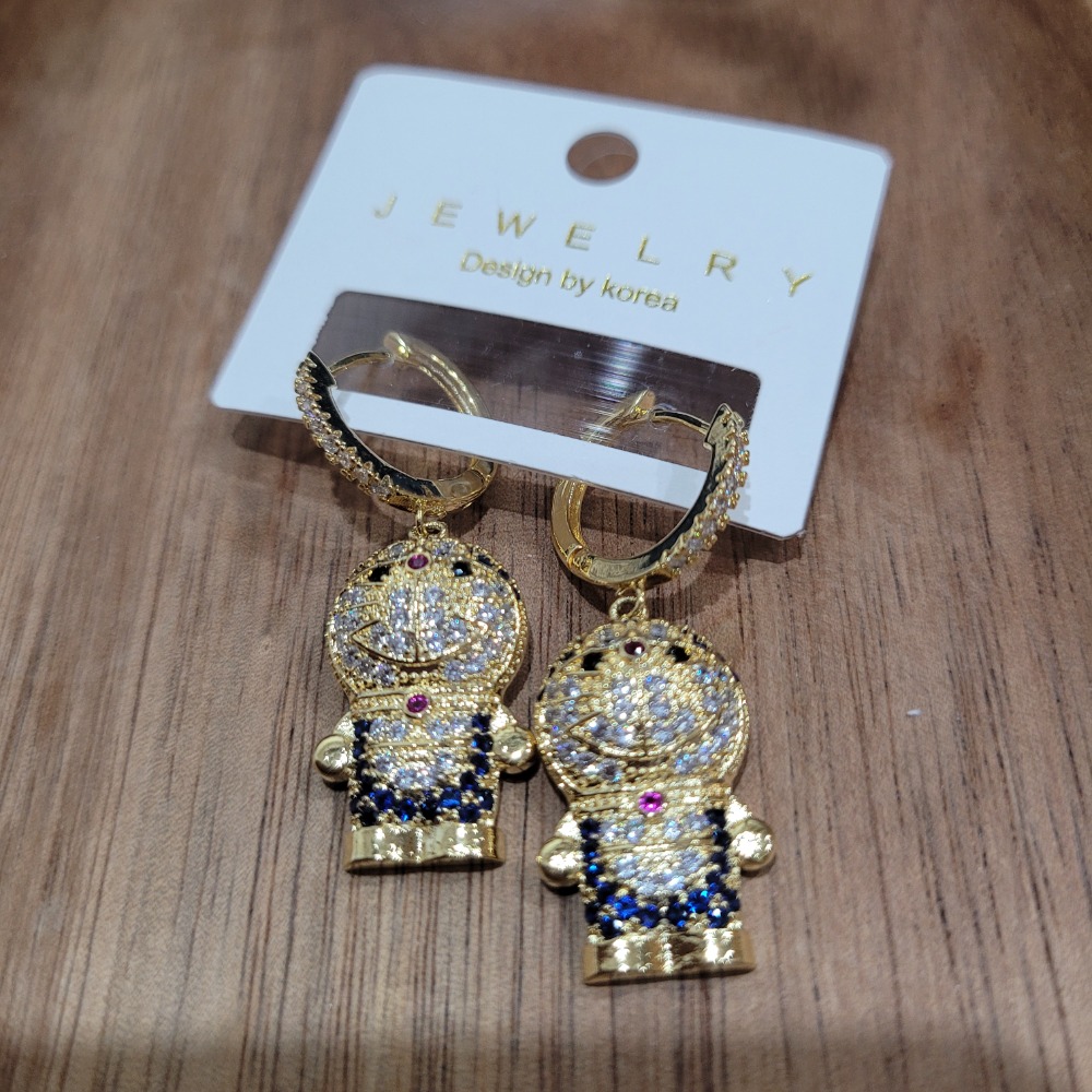 全新韓國製鑽爆小叮噹哆啦A夢金色耳扣式耳針耳環-細節圖5