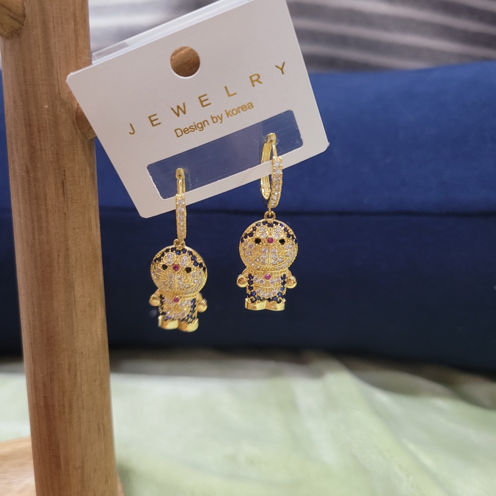 全新韓國製鑽爆小叮噹哆啦A夢金色耳扣式耳針耳環-細節圖6