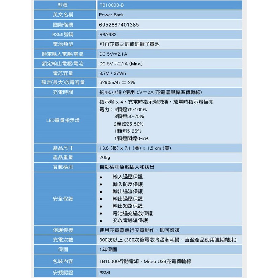 TOTOLINK TB10000 超薄 快充 10000mAh 行動電源【高密度鋰聚合物】【輕薄帶電】-細節圖8