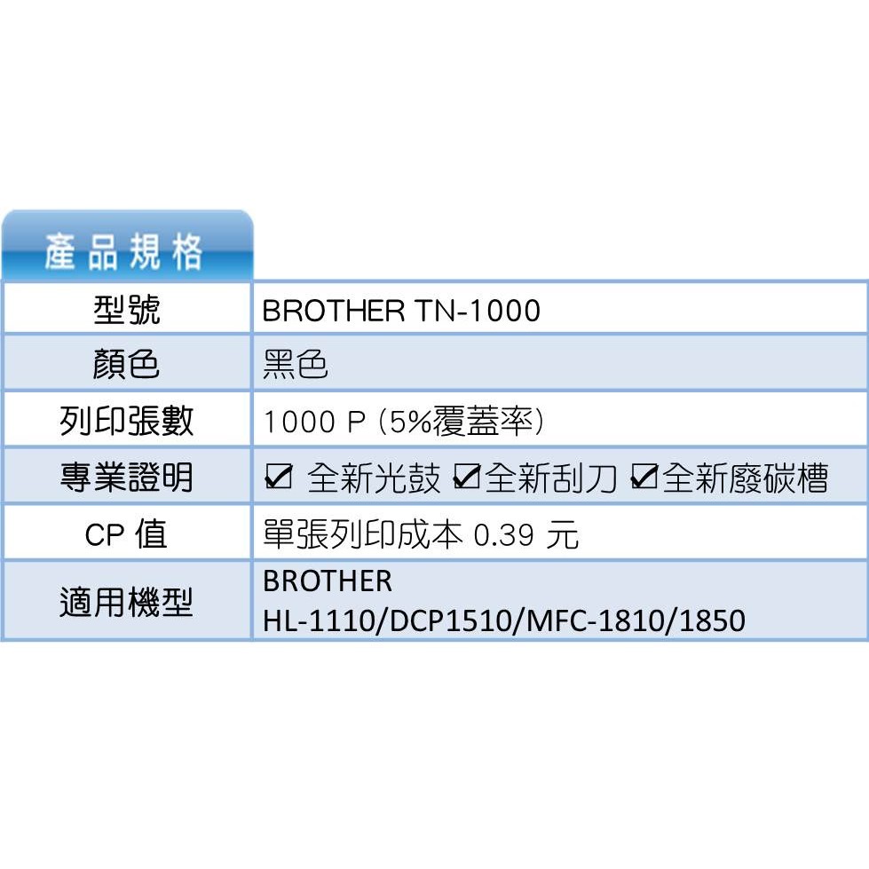 BROTHER TN1000 碳粉匣 HL1110 DCP1510 MFC1815 MFC1910W HL1210W對應-細節圖2