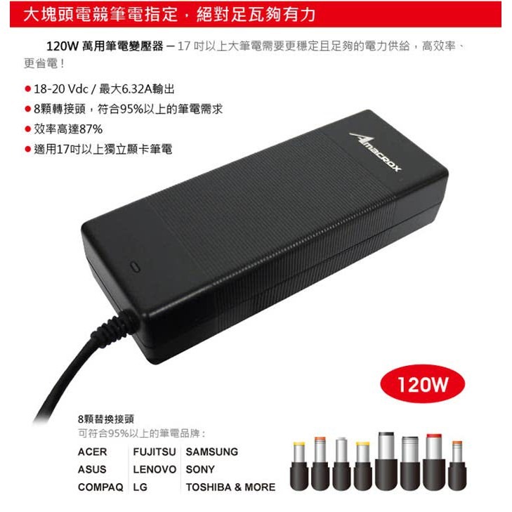 AMACROX N12 120W 20V 筆記型電腦萬用變壓器 AX120【福利品】-細節圖5