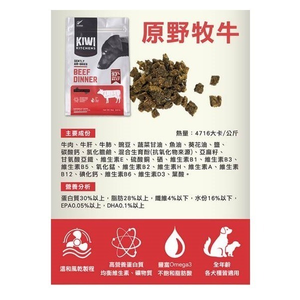 【幸運貓】KIWI 奇異廚房 醇鮮風乾犬糧 草原嫩羊/穀飼鲜雞/原野牧牛 500g 60g-細節圖8