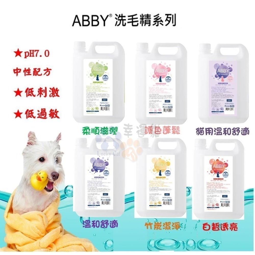 【幸運貓】ABBY 機能性寵物洗毛精 護色蓬鬆/白皙透亮/溫和舒適/柔順滋潤/竹炭潔淨/貓用 4000ML-細節圖2