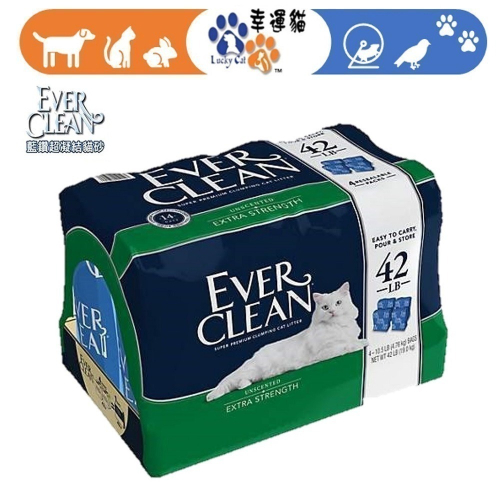 限時特賣中【幸運貓】EverClean 藍鑽 低過敏結塊貓砂 (4袋入)（綠標）42磅 (19KG)