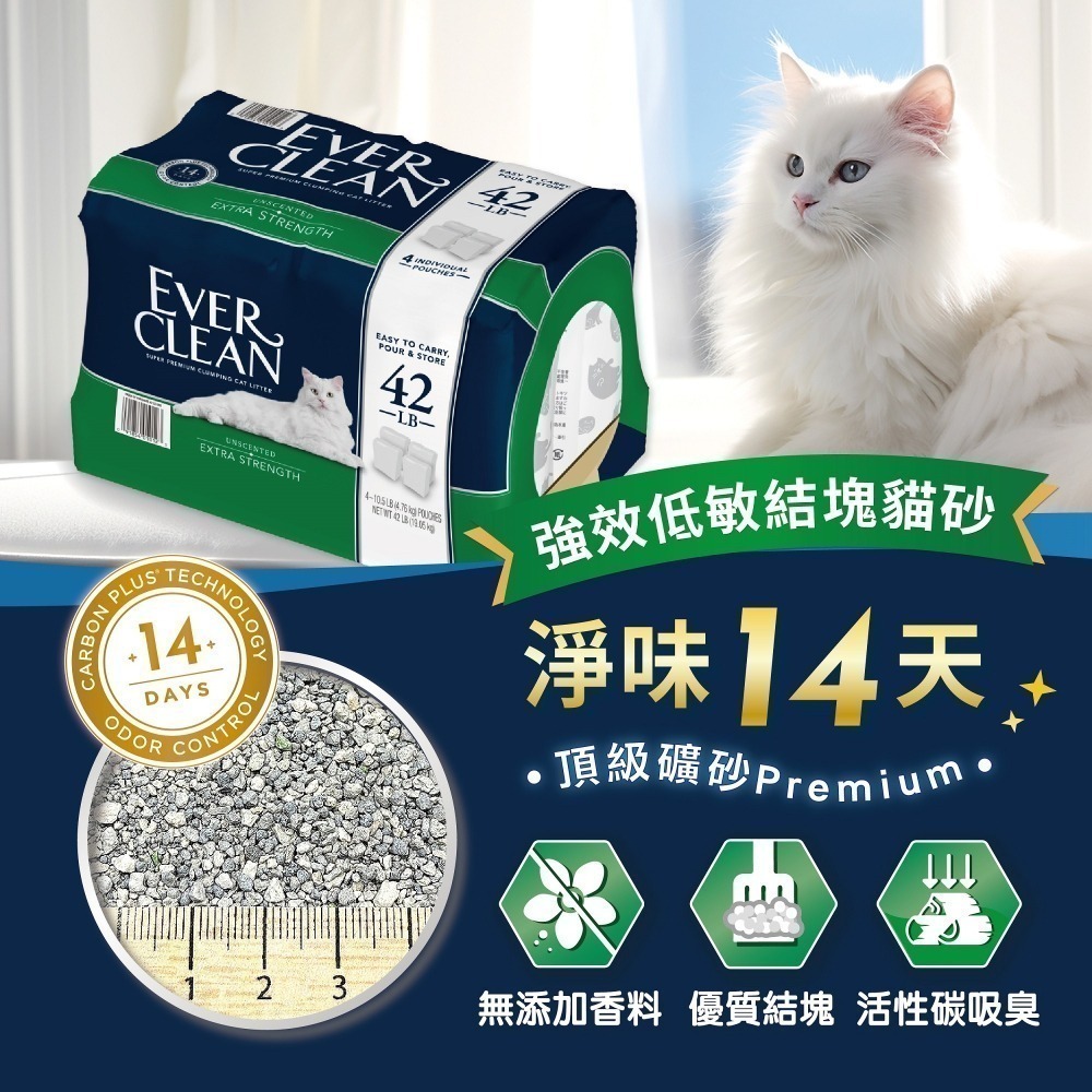 限量特價【幸運貓】EverClean 藍鑽 低過敏結塊貓砂 (4袋入)（綠標）42磅 (19KG)-細節圖3