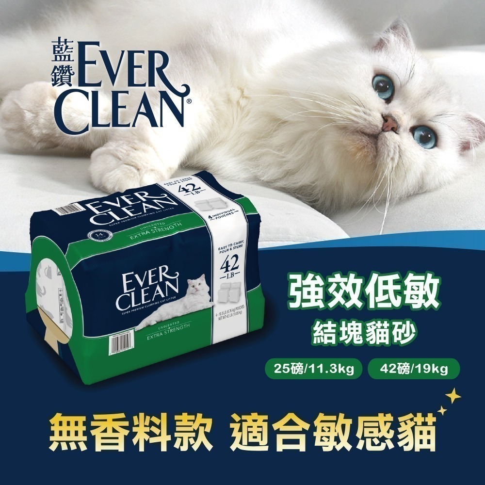 限量特價【幸運貓】EverClean 藍鑽 低過敏結塊貓砂 (4袋入)（綠標）42磅 (19KG)-細節圖2
