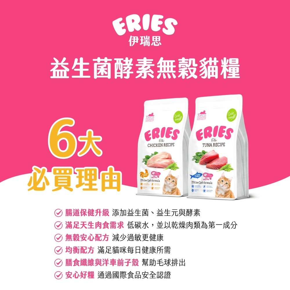 【幸運貓】 Eries 伊瑞思｜ 1kg  益生菌酵素無穀貓糧 雞肉/鮪魚 貓飼料-細節圖2