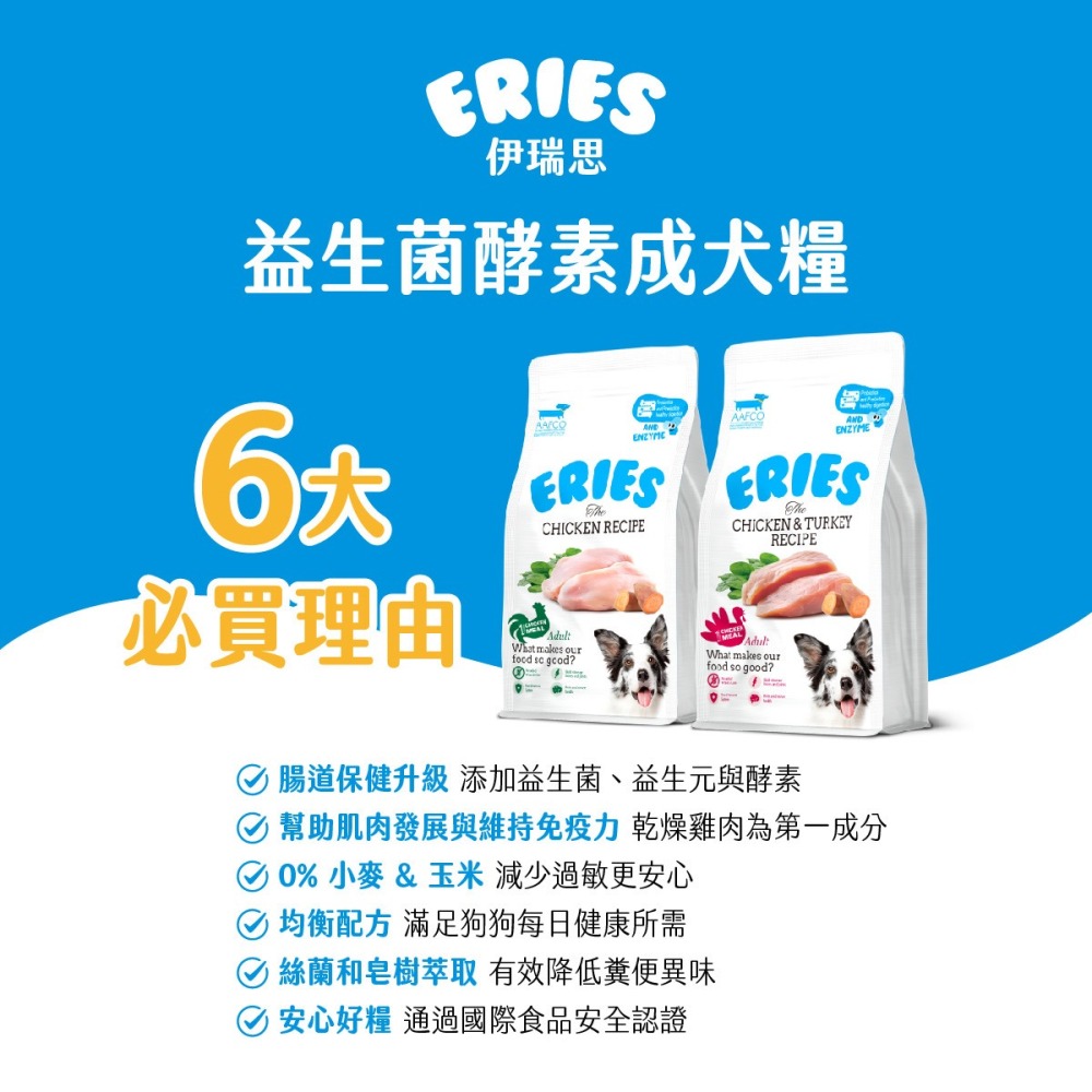 【幸運貓】 Eries 伊瑞思｜ 1kg  益生菌酵素成犬糧 雞肉/火雞肉 狗飼料-細節圖2