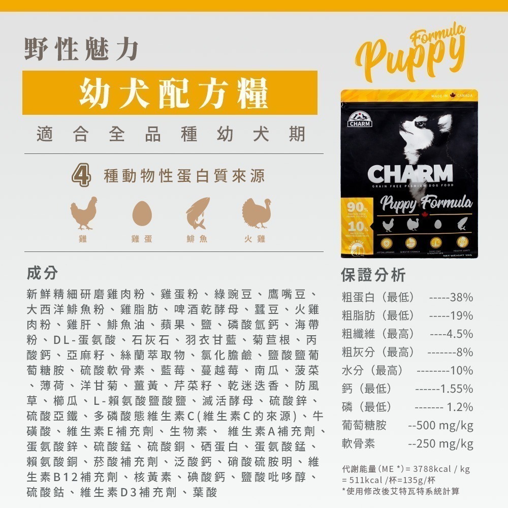 【幸運貓】 CHARM 野性魅力 無穀狗飼料 340g 1kg 2kg 無穀狗糧 成犬 幼犬 狗飼料-細節圖7