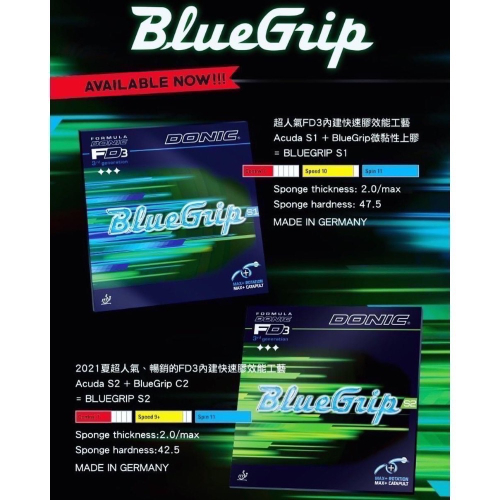 《小楊哥卓球小鋪》Donic BlueGrip S1、S2 （微黏性藍海綿）