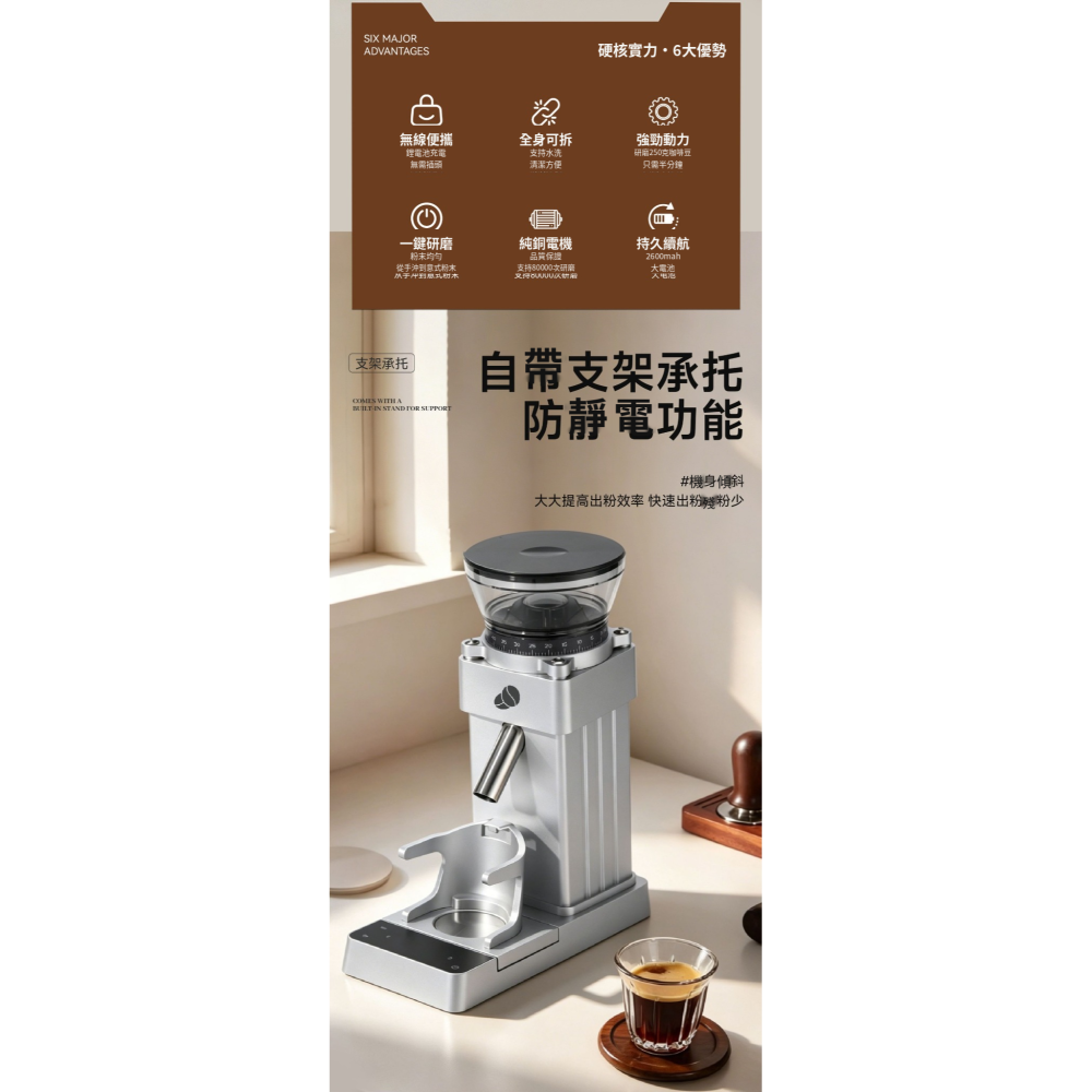 咖啡磨豆機 電動磨豆機 無線磨豆機 60段研磨 41mm錐刀 咖啡秤 防靜電 手沖磨豆機 義式磨豆機-細節圖2
