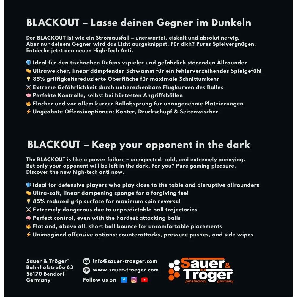 《桌球88》全新歐洲進口🇩🇪德國 Sauer Troger BLACKOUT 斷電 ANTI 防弧膠皮 桌球膠皮-細節圖2