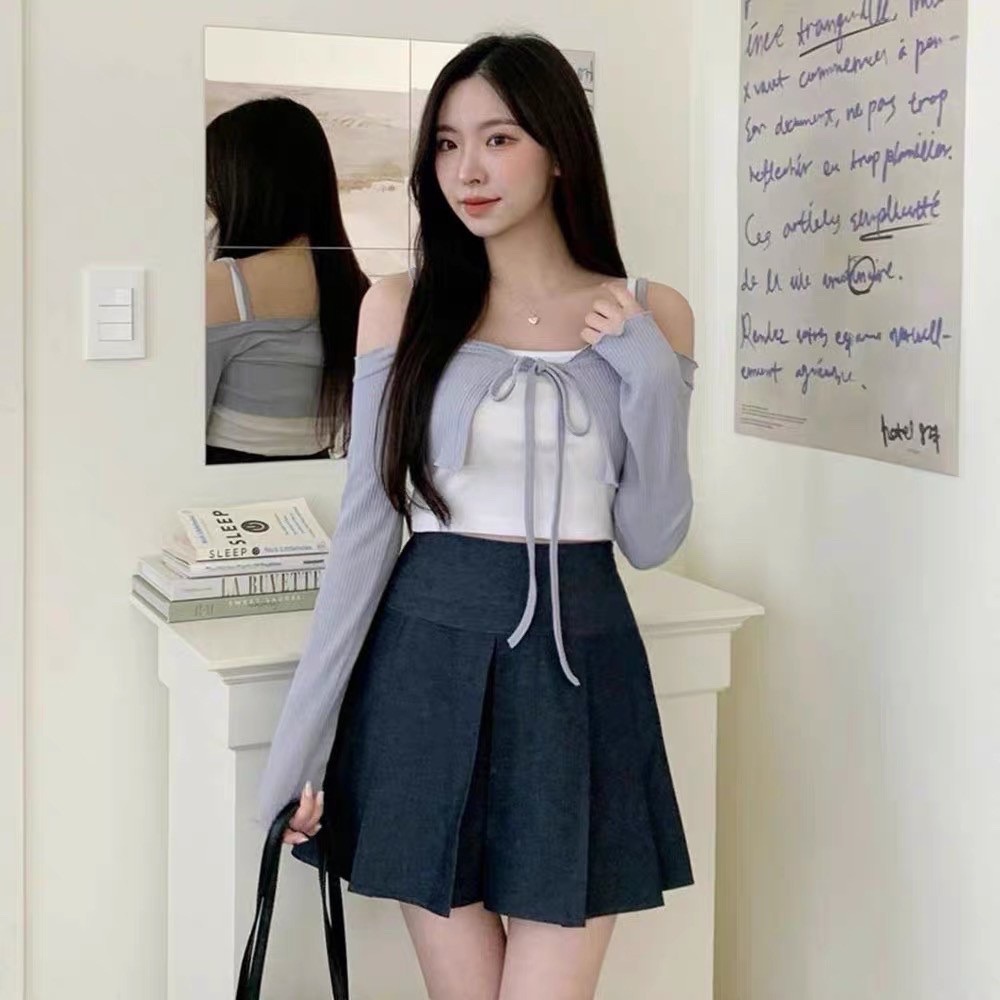 55p.cinereus ▷預購 正韓荷葉邊綁帶細肩小罩衫-細節圖4