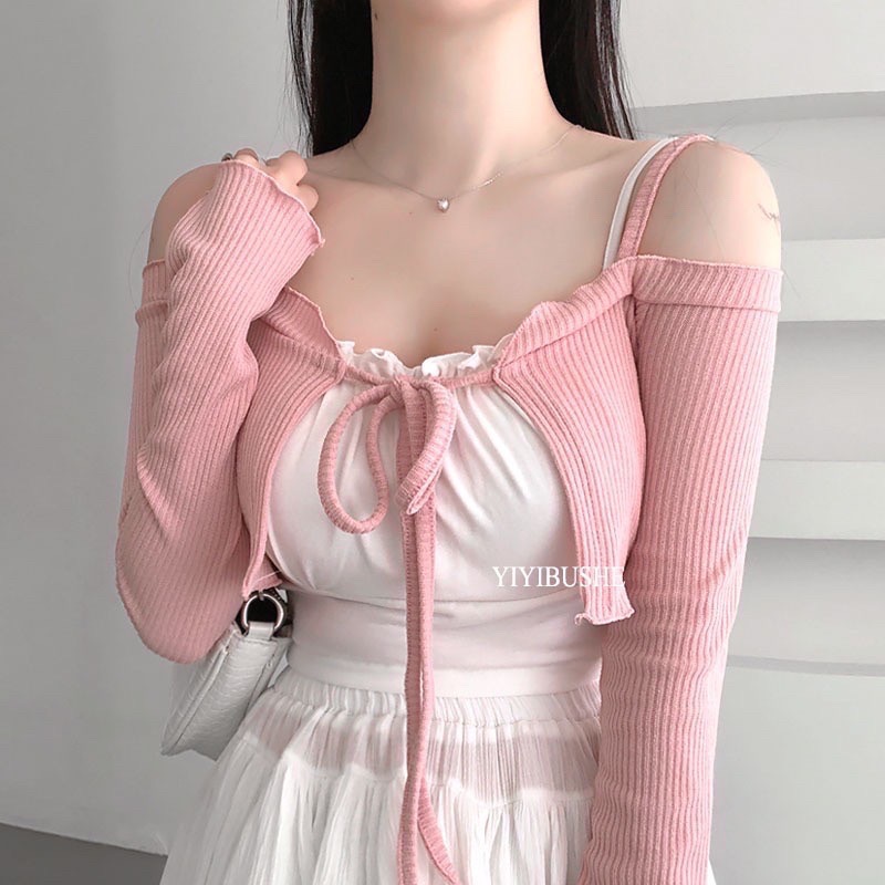 55p.cinereus ▷預購 正韓荷葉邊綁帶細肩小罩衫-細節圖5