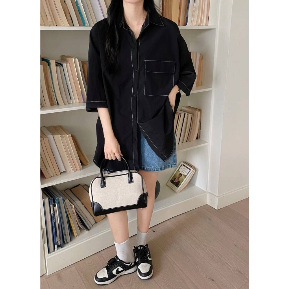 55p.cinereus ▷預購 廠商自訂款涮涮尼龍車線寛版襯衫-細節圖3