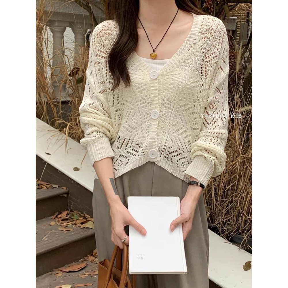 55p.cinereus ▷預購 鏤空針織排釦長袖上衣罩衫-細節圖4