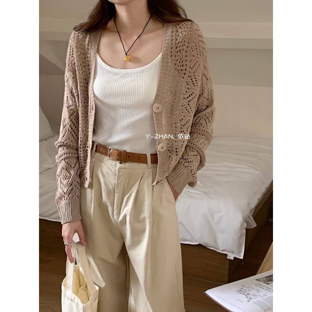 55p.cinereus ▷預購 鏤空針織排釦長袖上衣罩衫-細節圖5