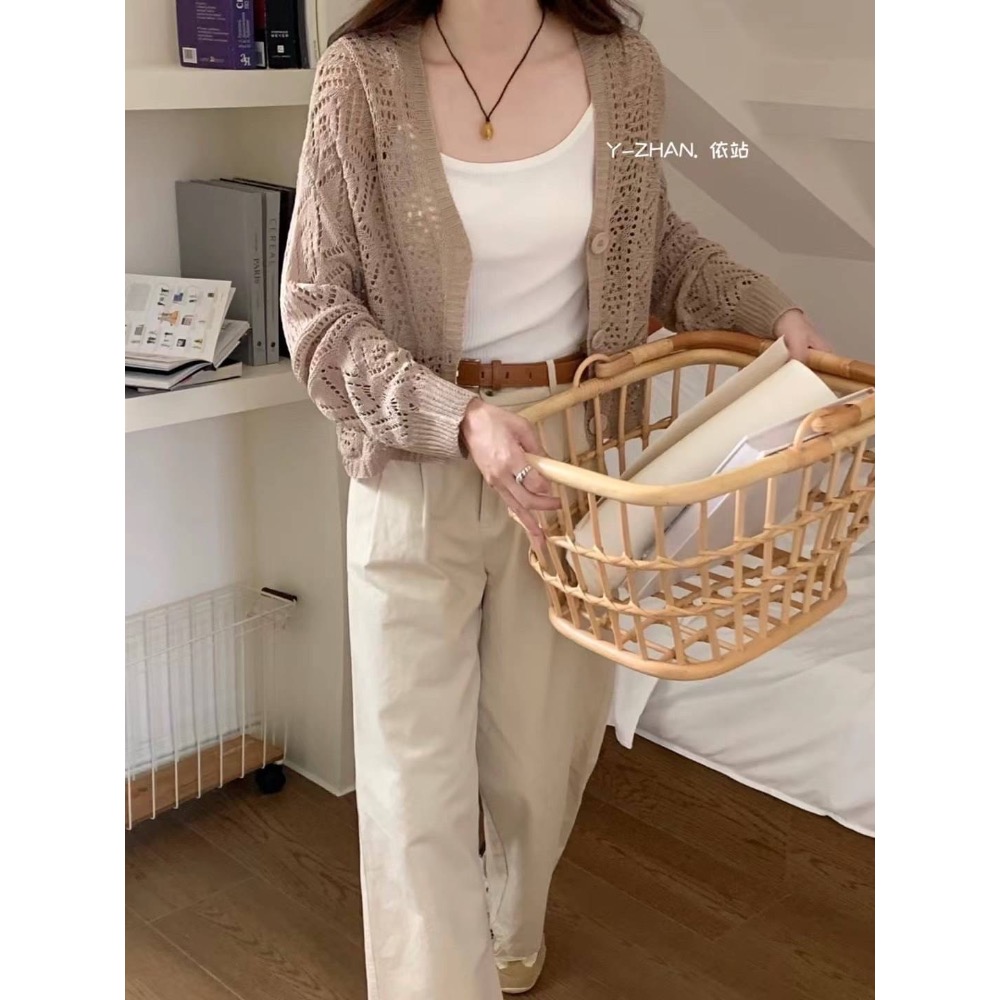 55p.cinereus ▷預購 鏤空針織排釦長袖上衣罩衫-細節圖6