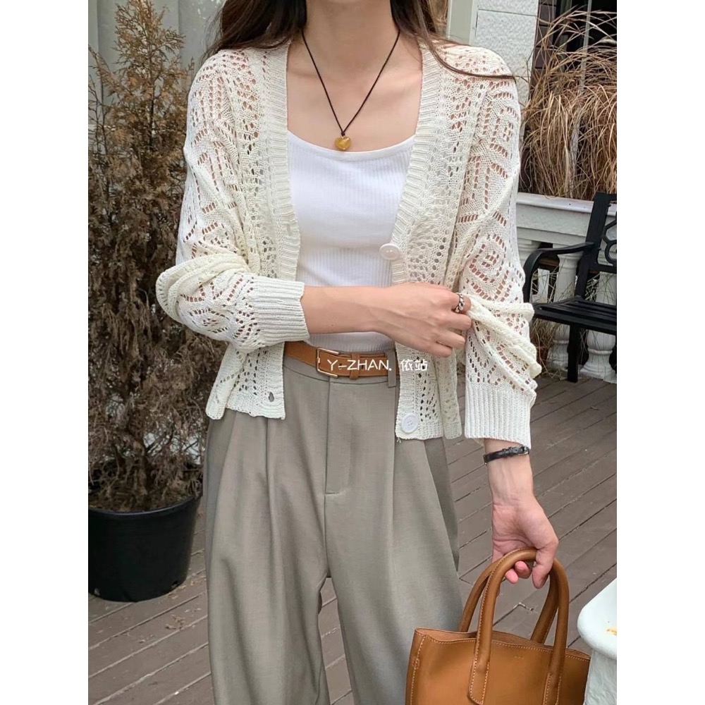 55p.cinereus ▷預購 鏤空針織排釦長袖上衣罩衫-細節圖7